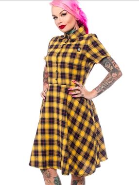 Sourpuss Plaid Button Down Dress yellow black Rockabilly Retro Pin Up Small
